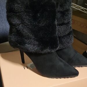 THALIA SODI Black Heeled Boots with Furry Cuff And Pointed Toe NEW WITH BOX